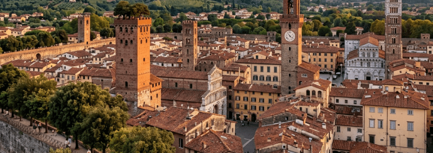Medieval Italian town with tower clocks and mountains in background